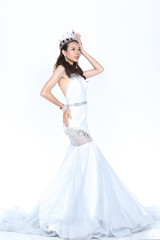 Fototapeta premium Miss Pageant Contest in Evening Ball Gown long ball dress with Diamond Crown, fashion make up hair style