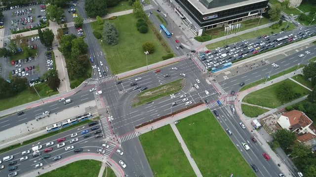 Static drone shot of busy intersection and major junction in Zagreb, transportation infrastructure Croatia