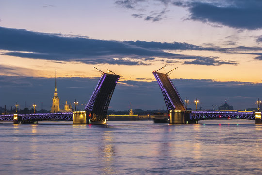 Saint Petersburg sunrise city skyline at Palace Bridge and Peter and Paul Fortress, Saint Petersburg, Russia