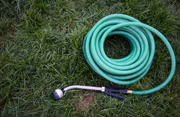 Naklejka premium Green Garden Hose Rolled on Grass 