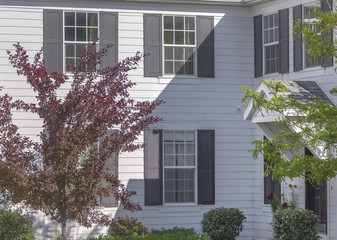 Decorative window shutters on exterior