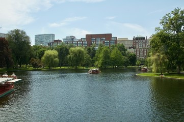 Views of Boston's Skyline from the Boston Public Garden in Boston, Massachusetts.