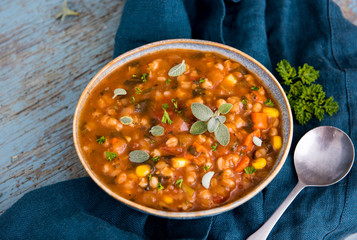 Hearty Bean Mix Soup in Blue Bowl