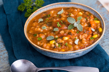 Hearty Bean Mix Soup in Blue Bowl