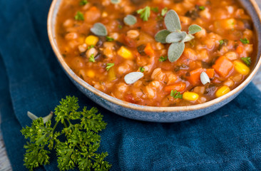 Hearty Bean Mix Soup in Blue Bowl