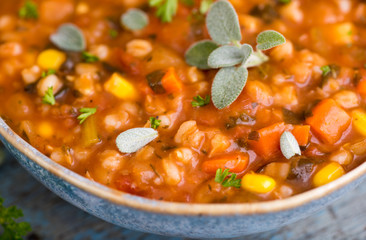 Hearty Bean Mix Soup in Blue Bowl