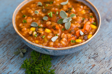 Hearty Bean Mix Soup in Blue Bowl