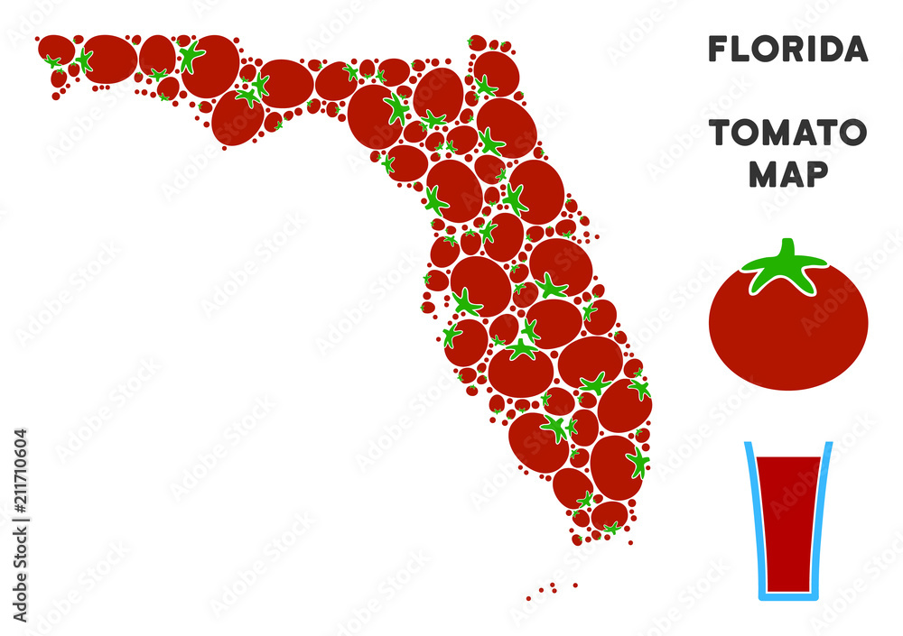 Poster florida map collage of tomato in variable sizes. vector tomato vegetable elements are grouped into f