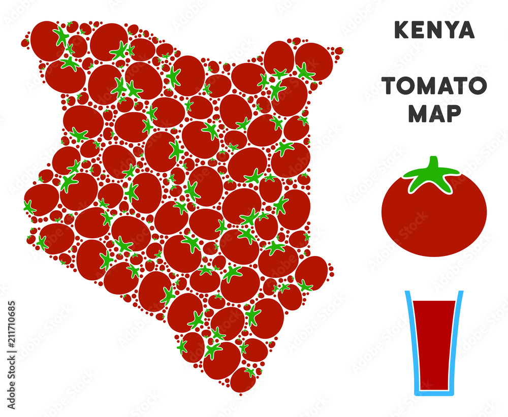 Poster kenya map collage of tomato in various sizes. vector tomato vegetable objects are combined into keny