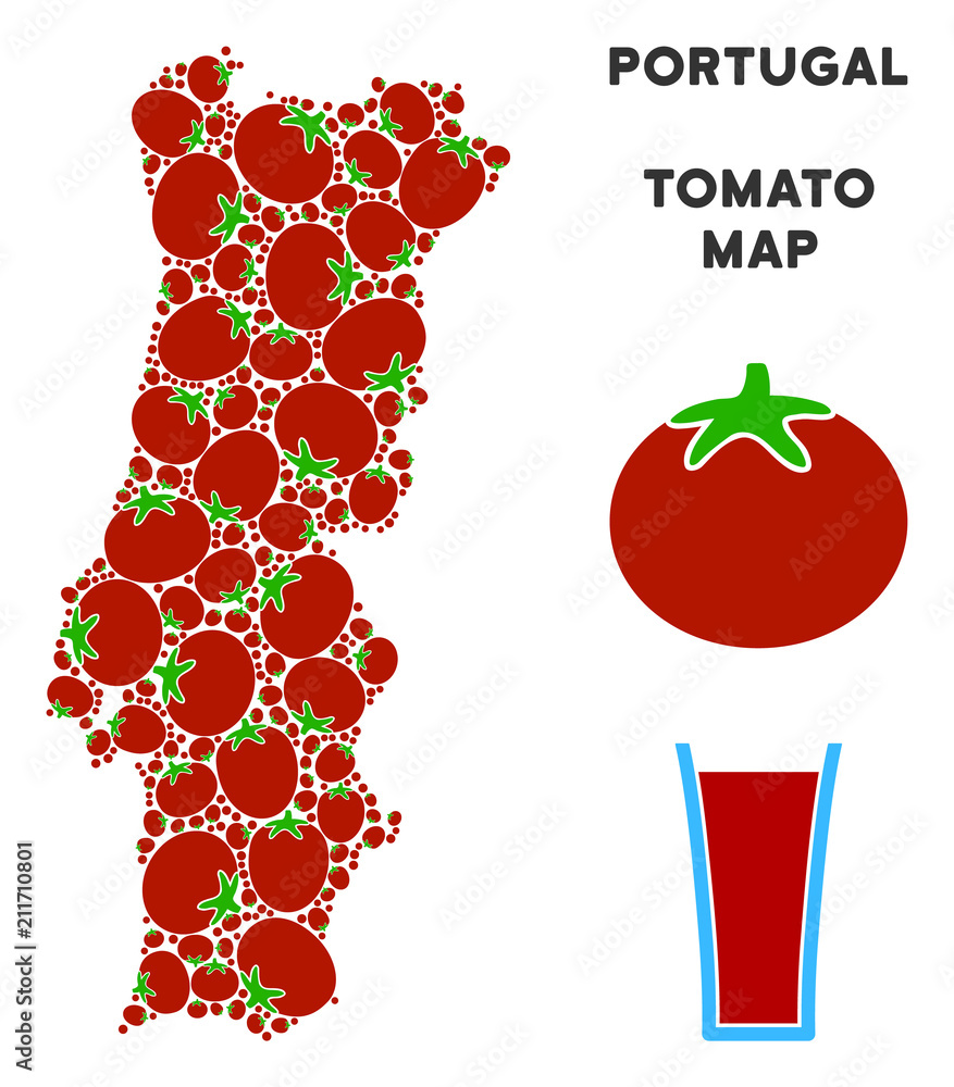 Poster portugal map composition of tomato in different sizes. vector tomato symbols are organized into port