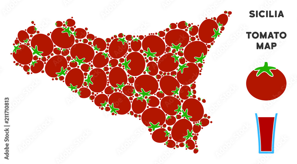 Poster sicilia map composition of tomatoes in different sizes. vector tomato vegetable items are combined i