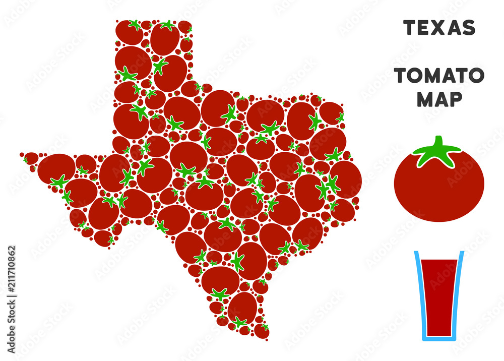Poster texas map composition of tomato in different sizes. vector tomato vegetable elements are combined in