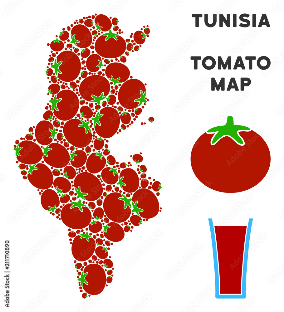 Poster tunisia map collage of tomatoes in various sizes. vector tomatoes elements are organized into tunisi