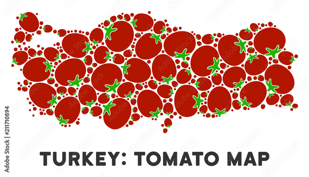 Poster turkey map collage of tomato in variable sizes. vector tomato elements are organized into turkey map