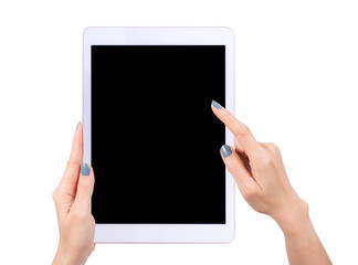 Woman hand using mock up digital tablet isolated clipping patch