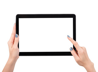 Woman hand using mock up digital tablet isolated clipping patch