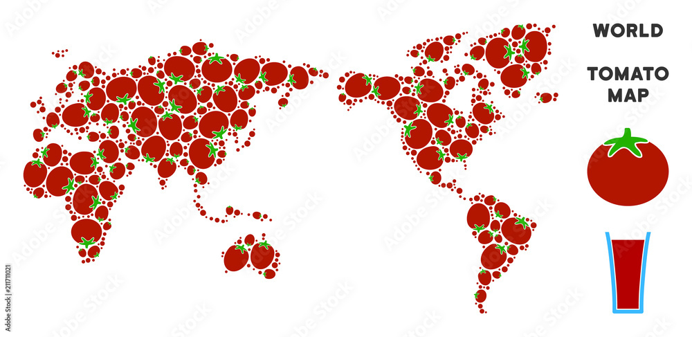 Poster world map mosaic of tomato vegetables in various sizes. vector tomatoes elements are combined into w
