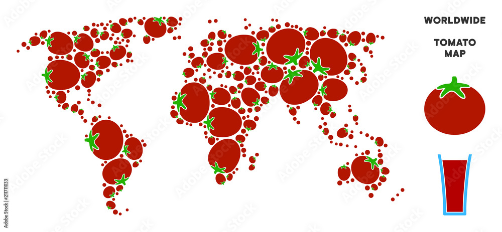 Poster world map collage of tomato vegetables in variable sizes. vector tomatoes objects are organized into