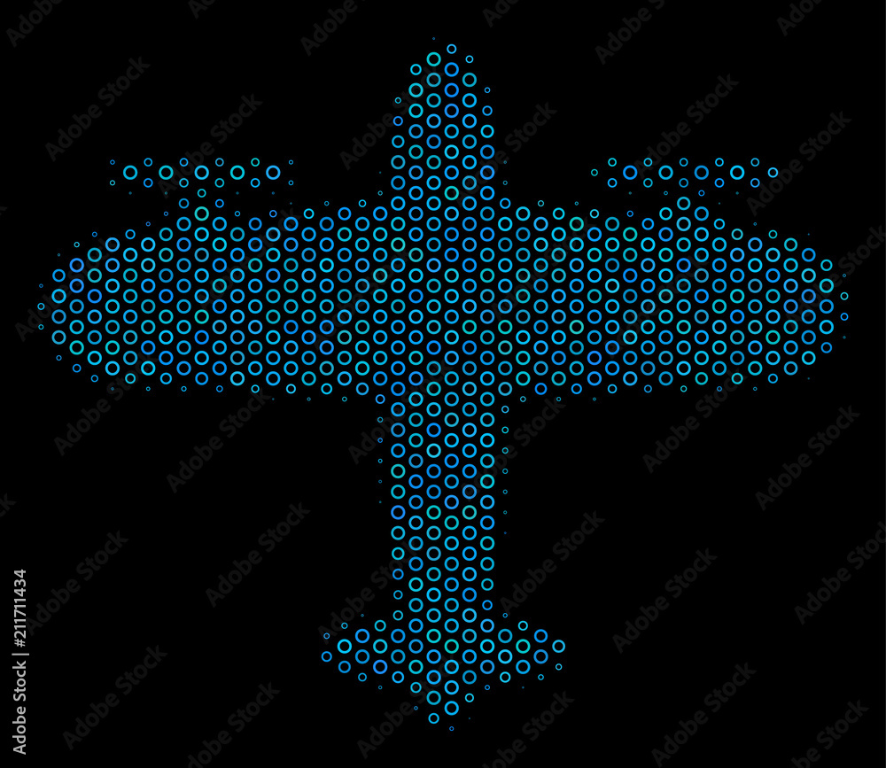 Poster halftone aircraft mosaic icon of empty circles in blue color hues on a black background. vector empt