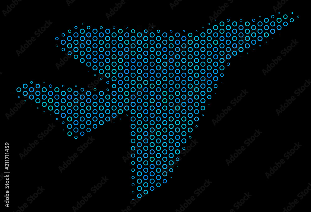 Poster halftone airplane intercepter composition icon of spheres in blue color tones on a black background.