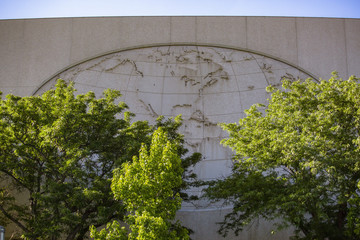 Globe inscription seen in Temple Square