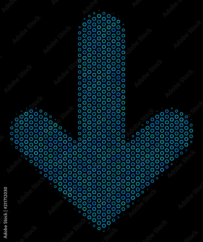 Poster halftone arrow down composition icon of circle bubbles in blue color tints on a black background. ve