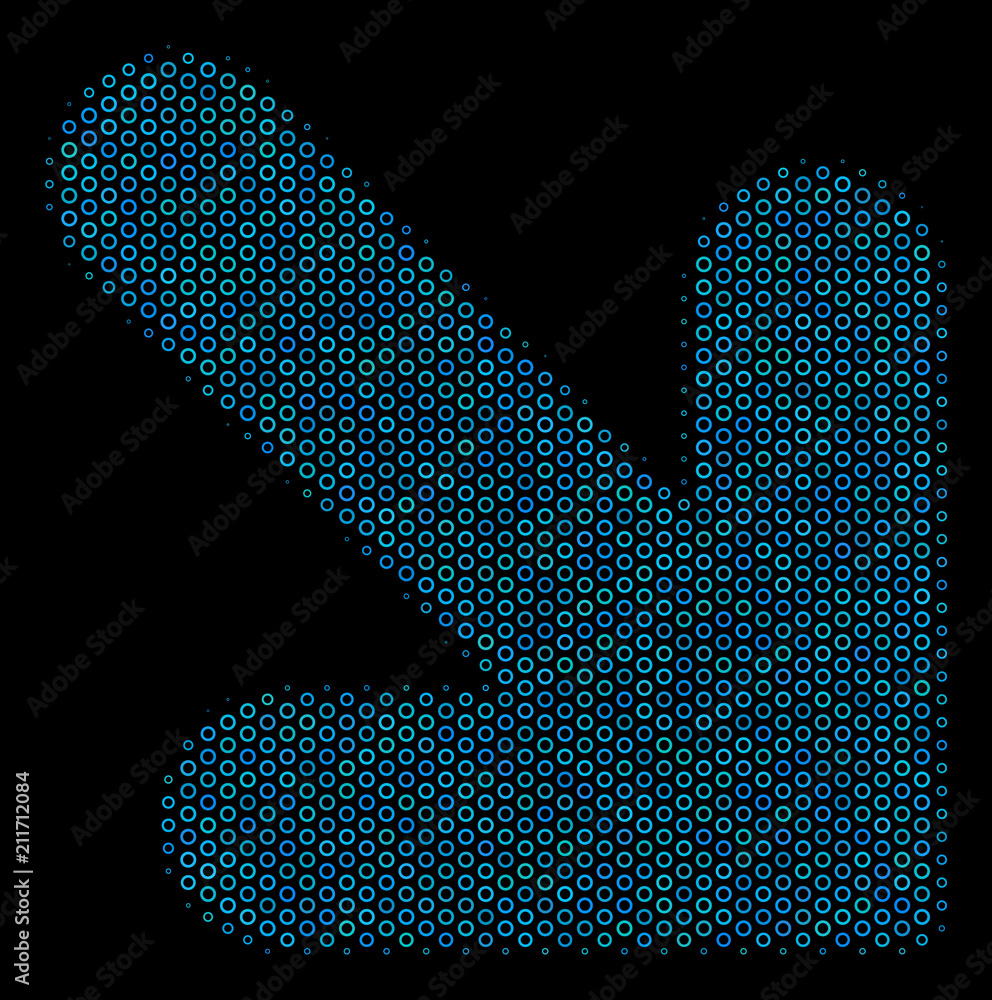 Poster halftone arrow down right mosaic icon of circle bubbles in blue color tints on a black background. v