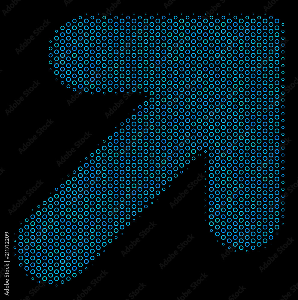 Poster halftone arrow up right mosaic icon of circle bubbles in blue color tints on a black background. vec