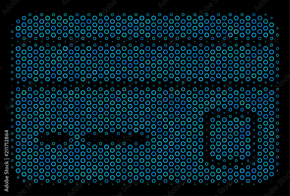Poster halftone bank card collage icon of empty circles in blue color tinges on a black background. vector 