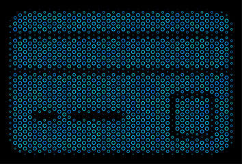 Halftone Bank card collage icon of empty circles in blue color tinges on a black background. Vector empty circles are arranged into bank card composition.
