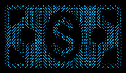 Halftone Banknote collage icon of spheric bubbles in blue color tinges on a black background. Vector spheric points are arranged into banknote composition.