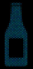 Halftone Beer bottle composition icon of circle elements in blue color tones on a black background. Vector round spheres are grouped into beer bottle composition.