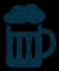 Halftone Beer glass composition icon of spheres in blue shades on a black background. Vector bubble spheres are arranged into beer glass composition.
