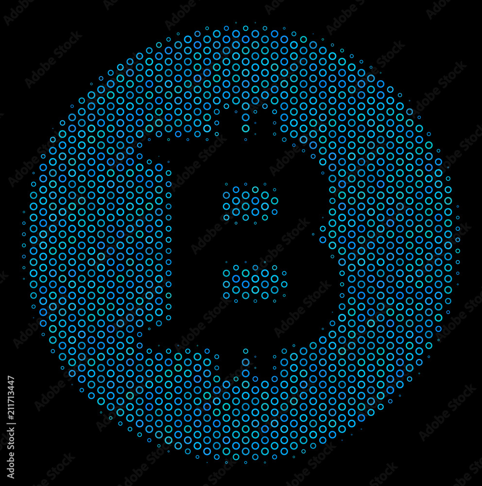 Poster halftone bitcoin coin collage icon of circle elements in blue color hues on a black background. vect
