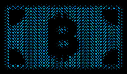 Halftone Bitcoin cash banknote composition icon of empty circles in blue color tones on a black background. Vector empty circles are organized into Bitcoin cash banknote illustration.