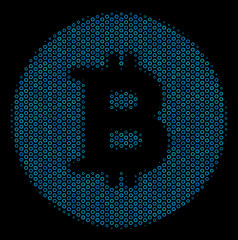Halftone Bitcoin coin collage icon of circle elements in blue color hues on a black background. Vector circle items are grouped into Bitcoin coin composition.