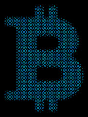 Halftone Bitcoin composition icon of spheres in blue color hues on a black background. Vector bubble spheres are composed into Bitcoin composition.