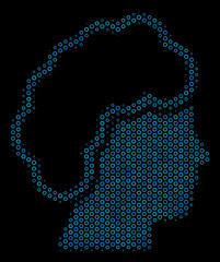 Halftone Blonde profile mosaic icon of spheric bubbles in blue shades on a black background. Vector circle bubbles are organized into blonde profile mosaic.