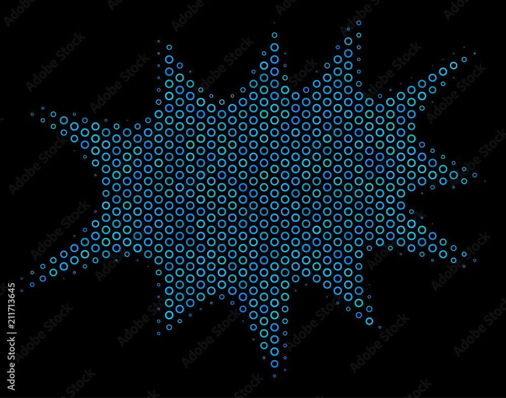 Poster halftone boom bang mosaic icon of circle elements in blue color tints on a black background. vector 