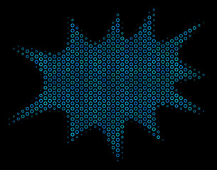 Halftone Boom bang mosaic icon of circle elements in blue color tints on a black background. Vector bubble spheres are composed into boom bang mosaic.