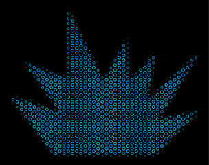 Halftone Boom explosion collage icon of spheres in blue shades on a black background. Vector round spheres are organized into boom explosion collage.