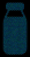 Halftone Bottle collage icon of circle elements in blue color tinges on a black background. Vector circle bubbles are composed into bottle illustration.