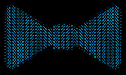 Halftone Bow tie composition icon of circle bubbles in blue color hues on a black background. Vector circle bubbles are combined into bow tie collage.
