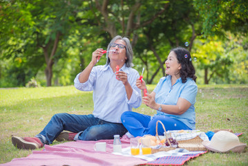 Happy asian retired couple blowing bubbles in park