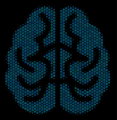 Halftone Brain collage icon of spheric bubbles in blue color tints on a black background. Vector spheric parts are composed into brain composition.