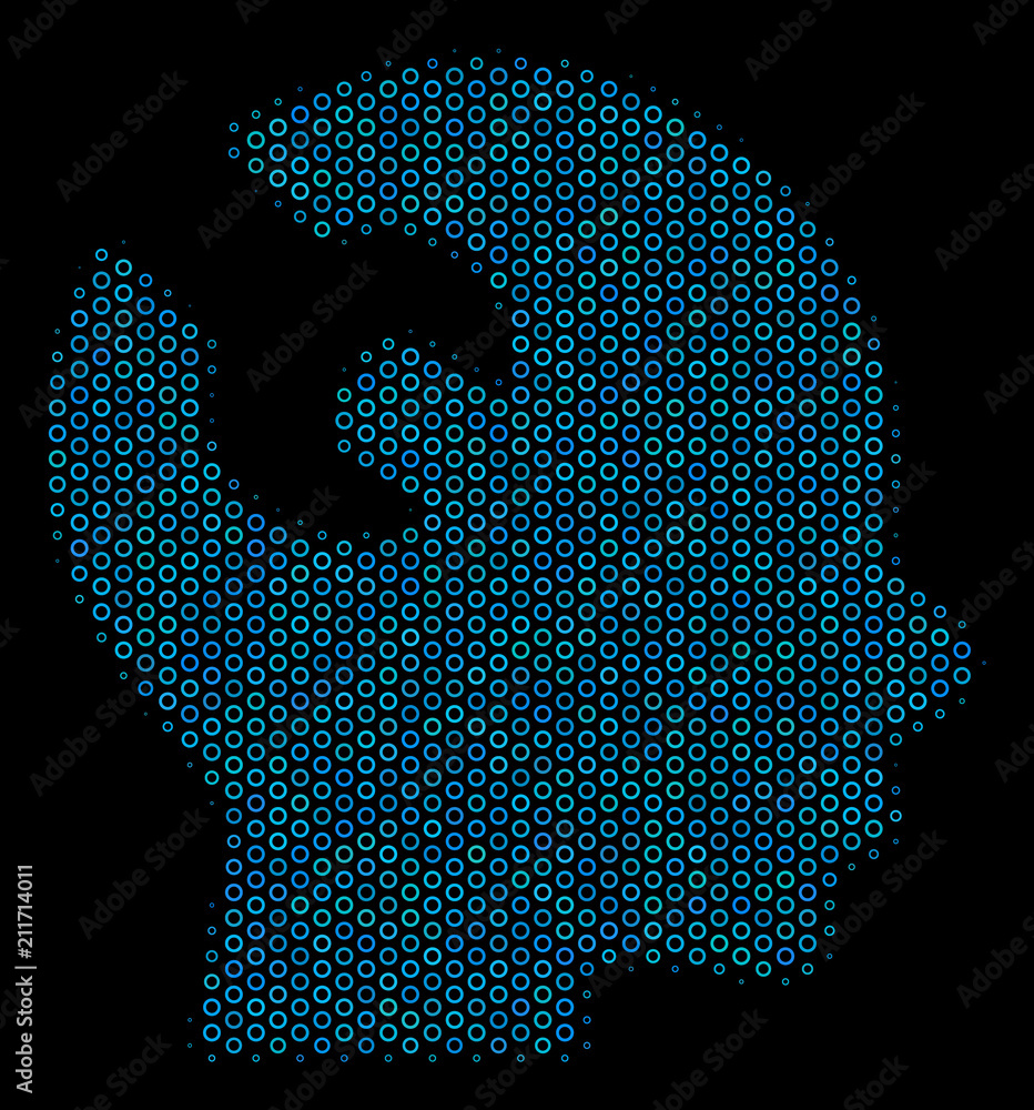 Poster Halftone Brain wrench tool collage icon of empty circles in blue color tones on a black background. Vector empty circles are combined into brain wrench tool mosaic.
