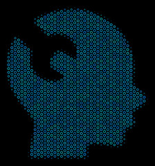 Halftone Brain wrench tool collage icon of empty circles in blue color tones on a black background. Vector empty circles are combined into brain wrench tool mosaic.