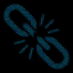 Halftone Break chain link mosaic icon of spheres in blue color tones on a black background. Vector bubble spheres are composed into break chain link collage.