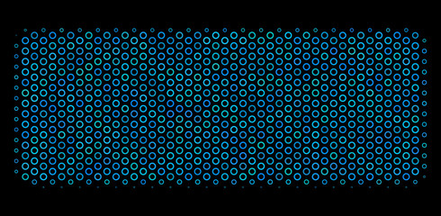 Halftone Building brick mosaic icon of circle elements in blue shades on a black background. Vector circle bubbles are organized into building brick collage.