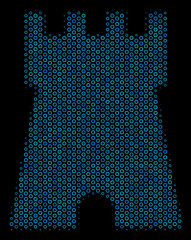 Halftone Bulwark tower collage icon of spheric bubbles in blue shades on a black background. Vector circle bubbles are composed into bulwark tower collage.